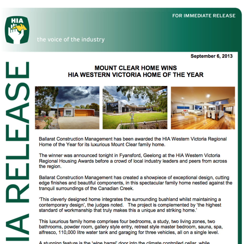 HIA Media Release 6.9.13 - Mt Clear Home Wins HIA Western Victoria Home of the Year