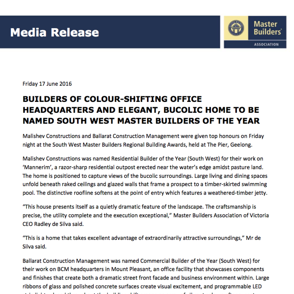 Master Builders Media Release 17.6.16 - Humffray St